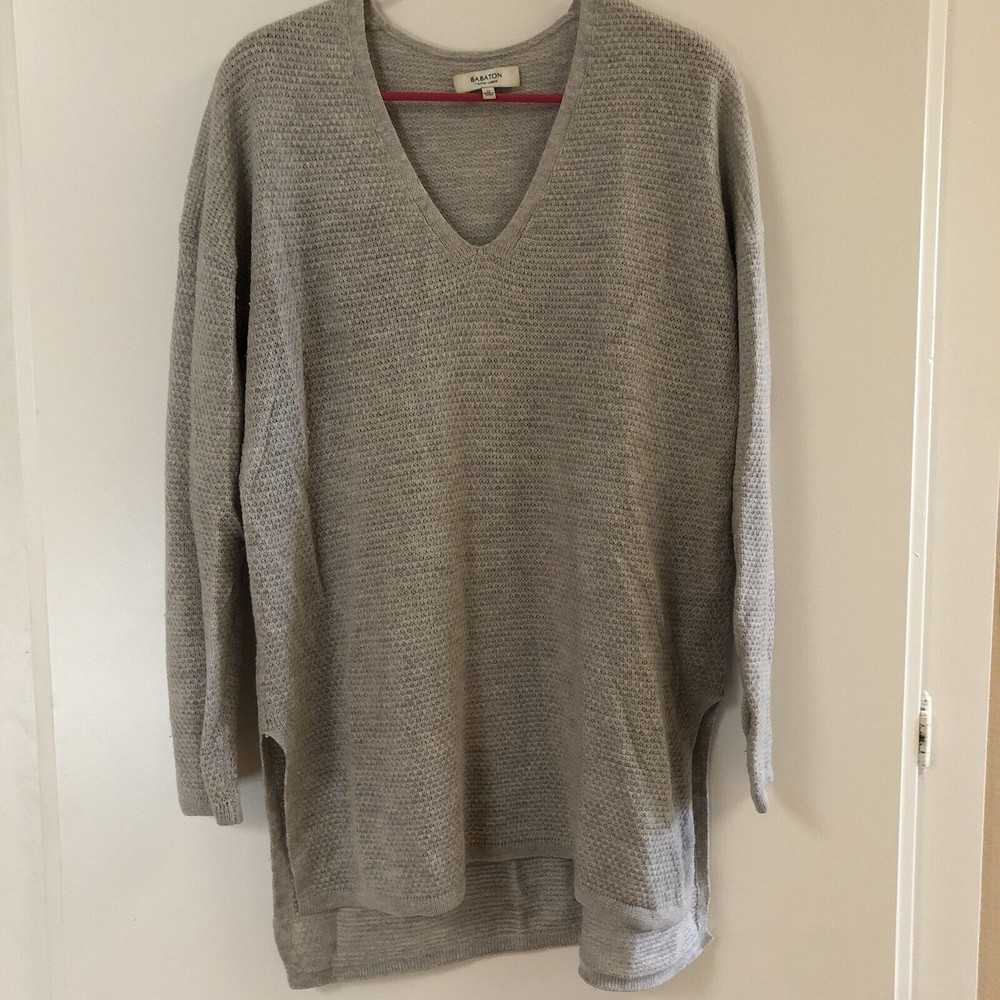 Aritzia Babaton Wool Linen Thin V-Neck Erin Sweater Tunic Size XS Light Gray